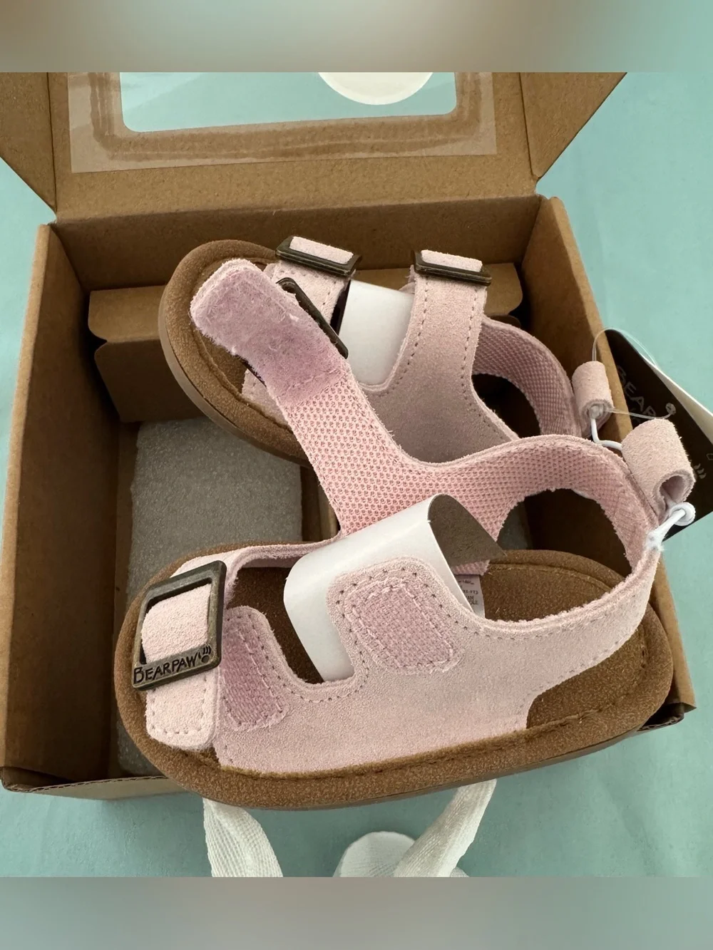 Bearpaw light pink double-buckle baby leather sandals